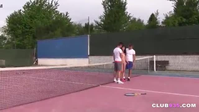 Two tennis players fucked in open fields